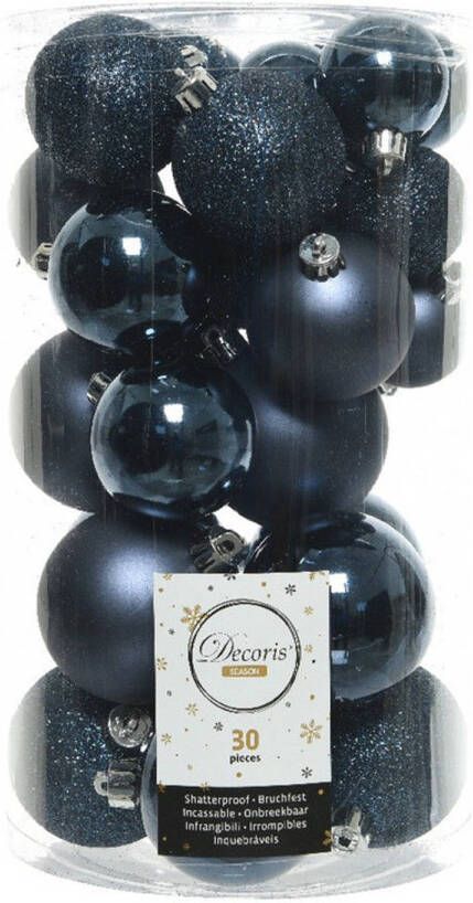 Decoris 30x Kunststof kerstballen glanzend mat glitter donkerblauw kerstboom versiering decoratie Kerstbal