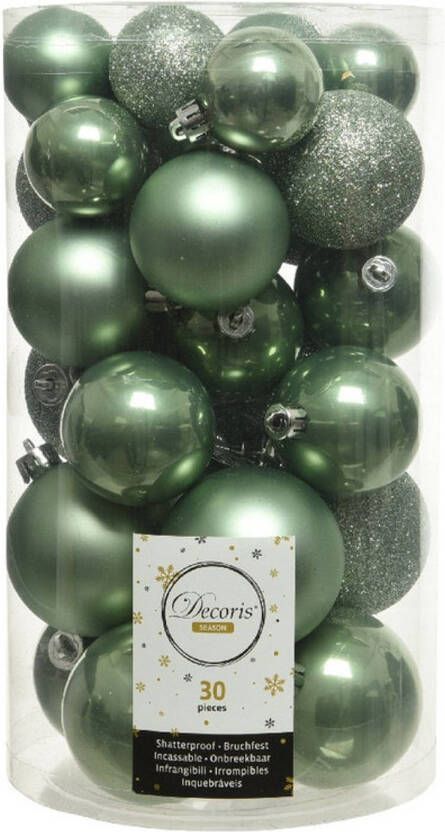 Decoris 30x Kunststof kerstballen glanzend mat glitter salie groen kerstboom versiering decoratie Kerstbal