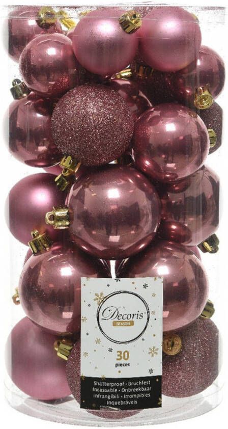 Decoris 30x Kunststof kerstballen glanzend mat glitter oud roze kerstboom versiering decoratie Kerstbal