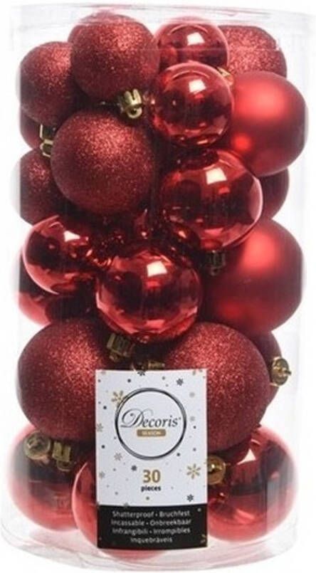 Decoris 30x Kunststof kerstballen glanzend mat glitter rode kerstboom versiering decoratie Kerstbal