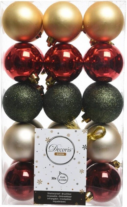 Decoris 30x Rood groen gouden kerstballenset kunststof 6 cm Kerstbal