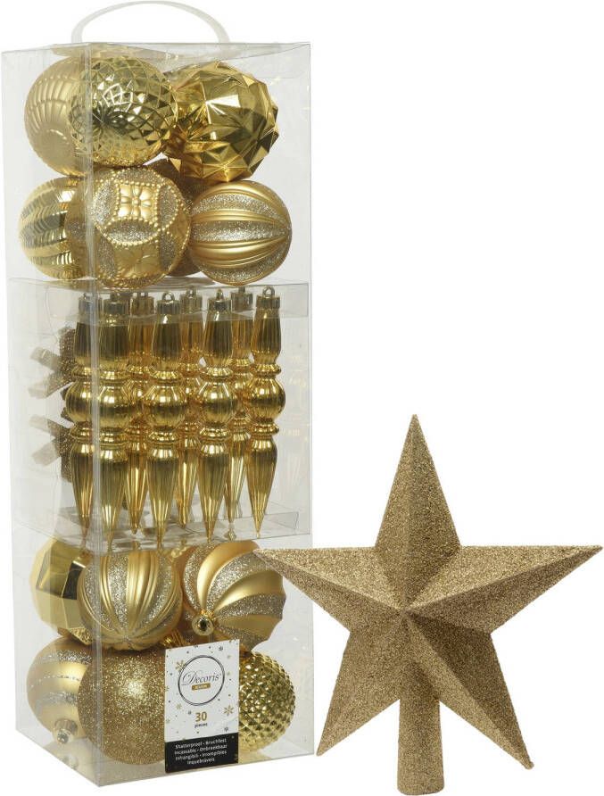 Decoris 30x st kunststof kerstballen ornamenten en piek goud Kerstbal