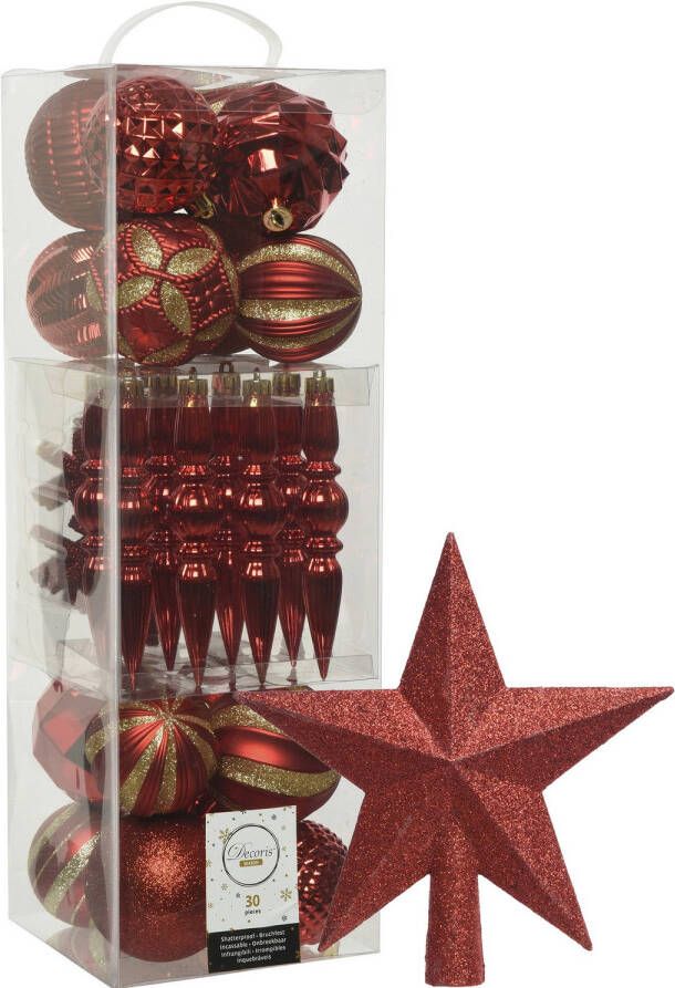 Decoris 30x st kunststof kerstballen ornamenten en piek rood Kerstbal