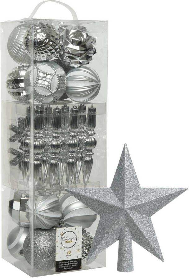 Decoris 30x st kunststof kerstballen ornamenten en piek zilver Kerstbal