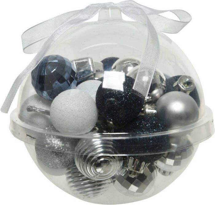 Decoris 30x stuks kleine kunststof kerstballen donkerblauw wit zilver 3 cm Kerstbal
