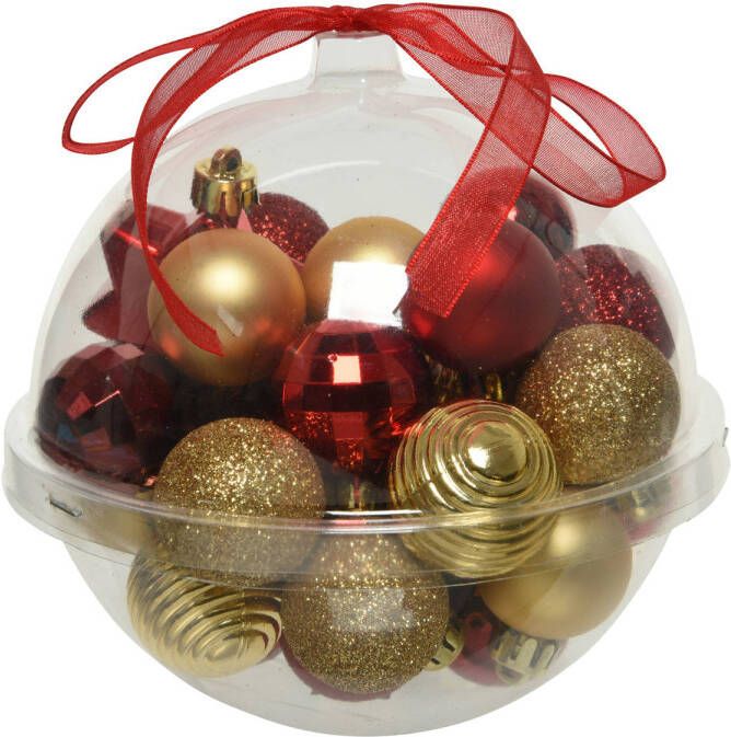 Decoris 30x stuks kleine kunststof kerstballen rood donkerrood goud 3 cm Kerstbal