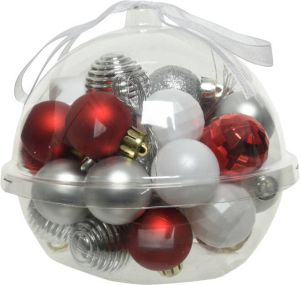 Decoris 30x stuks kleine kunststof kerstballen rood wit zilver 3 cm Kerstbal