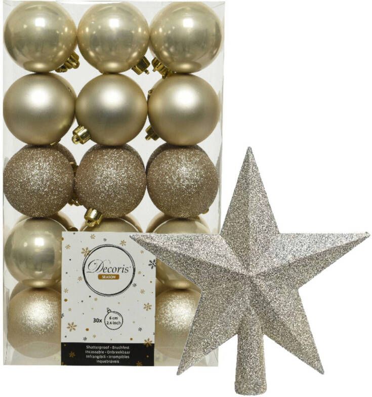 Decoris 30x stuks kunststof kerstballen 6 cm inclusief ster piek champagne Kerstbal