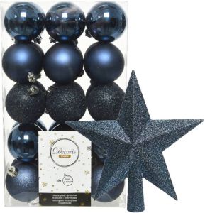 Decoris 30x stuks kunststof kerstballen 6 cm inclusief ster piek donkerblauw Kerstbal