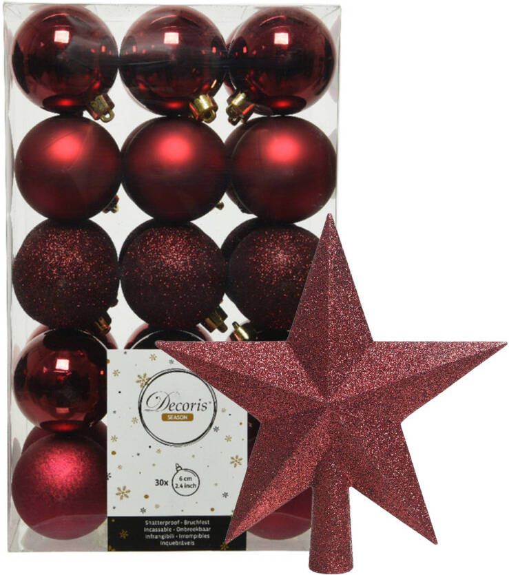 Decoris 30x stuks kunststof kerstballen 6 cm inclusief ster piek donkerrood Kerstbal