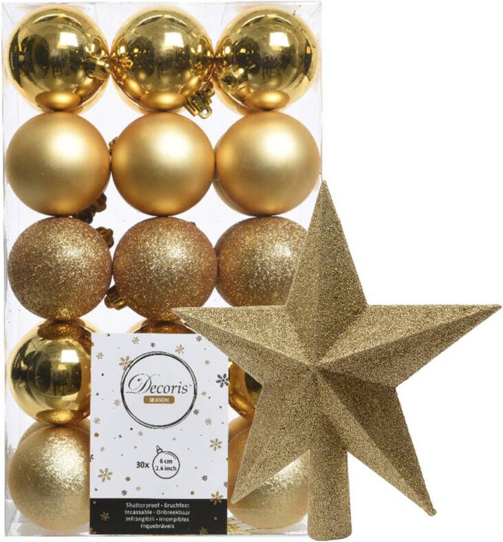 Decoris 30x stuks kunststof kerstballen 6 cm inclusief ster piek goud Kerstbal
