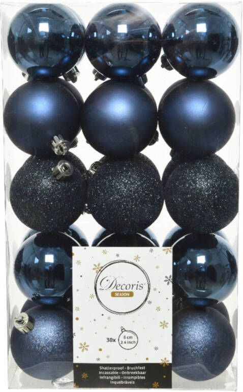 Decoris 30x stuks kunststof kerstballen donkerblauw (night blue) 6 cm glans mat glitter Kerstbal
