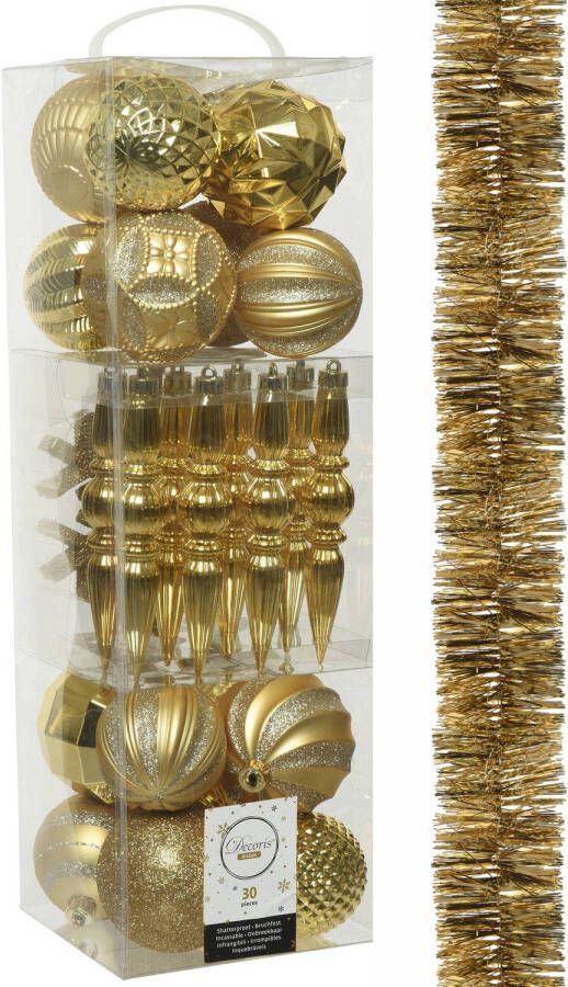 Decoris 30x stuks kunststof kerstballen en ornamenten met slinger goud Kerstbal