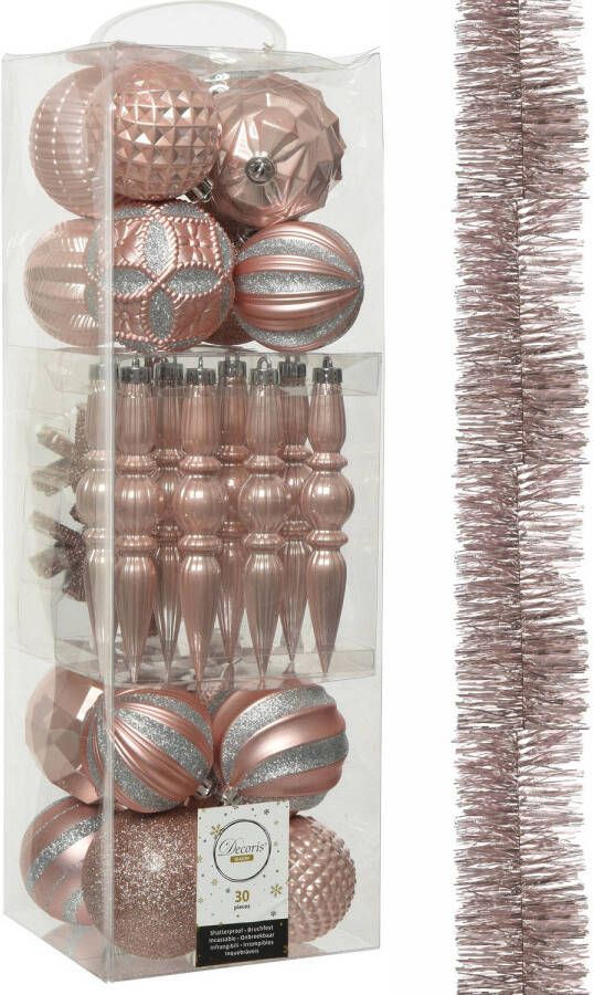 Decoris 30x stuks kunststof kerstballen en ornamenten met slinger lichtroze Kerstbal