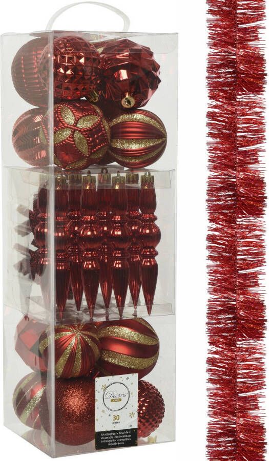 Decoris 30x stuks kunststof kerstballen en ornamenten met slinger rood Kerstbal