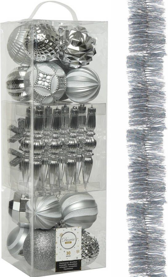Decoris 30x stuks kunststof kerstballen en ornamenten met slinger zilver Kerstbal