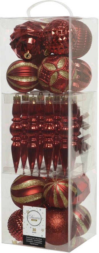 Decoris 30x stuks kunststof kerstballen en ornamenten rood mix Kerstbal