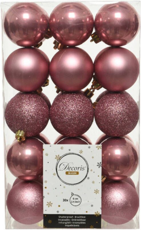Decoris 30x stuks kunststof kerstballen oudroze (velvet) 6 cm glans mat glitter Kerstbal