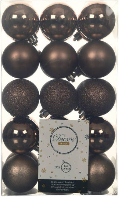 Decoris 30x stuks kunststof kerstballen walnoot bruin 6 cm glans mat glitter Kerstbal