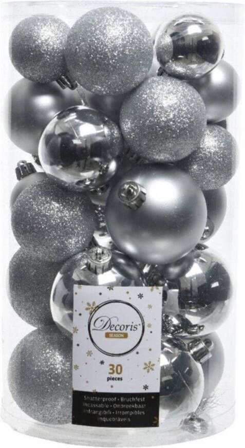 Decoris 30x Zilveren kerstballen 4 5 6 cm kunststof mat glans glitte Kerstbal