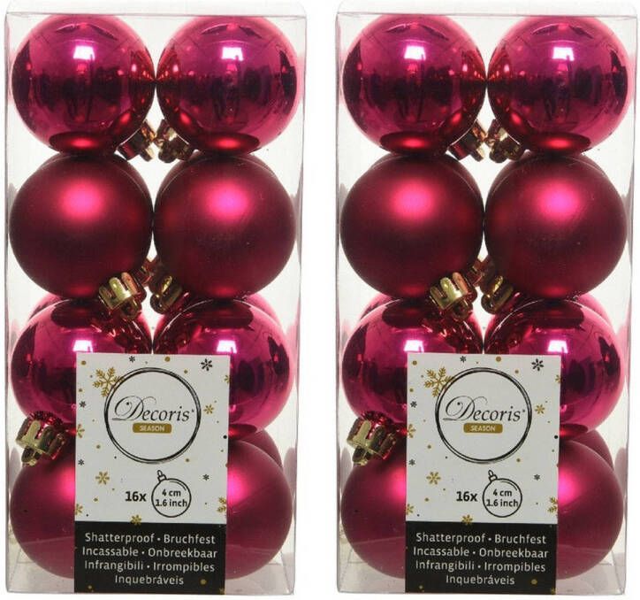 Decoris 32x Kunststof kerstballen glanzend mat bessen roze 4 cm kerstboom versiering decoratie Kerstbal
