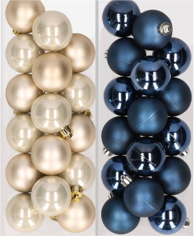 Decoris 32x stuks kunststof kerstballen mix van champagne en donkerblauw 4 cm Kerstbal