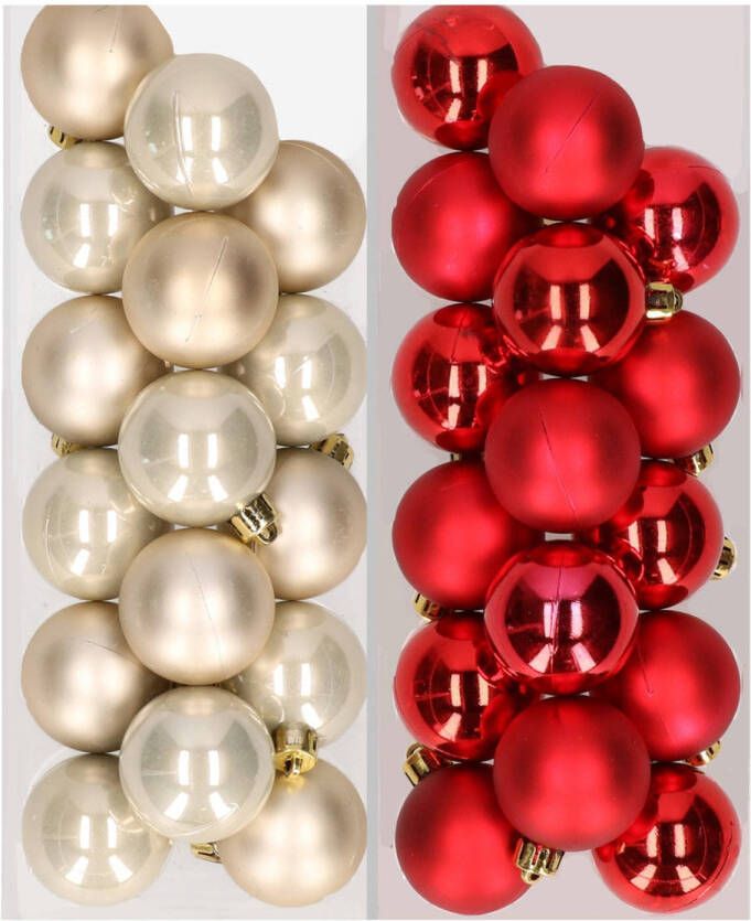 Decoris 32x stuks kunststof kerstballen mix van champagne en rood 4 cm Kerstbal