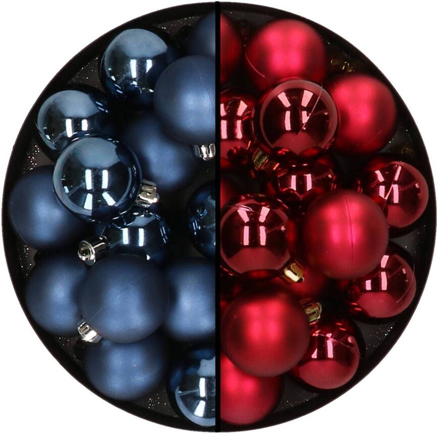 Decoris 32x stuks kunststof kerstballen mix van donkerblauw en donkerrood 4 cm Kerstbal
