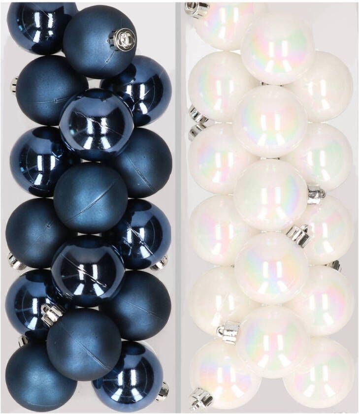 Decoris 32x stuks kunststof kerstballen mix van donkerblauw en parelmoer wit 4 cm Kerstbal