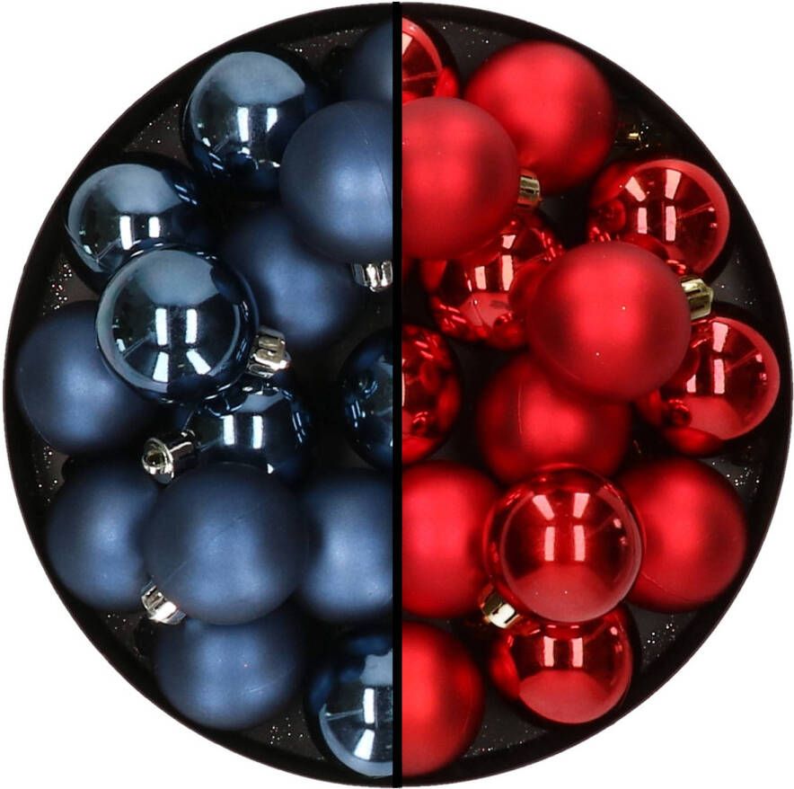 Decoris 32x stuks kunststof kerstballen mix van donkerblauw en rood 4 cm Kerstbal