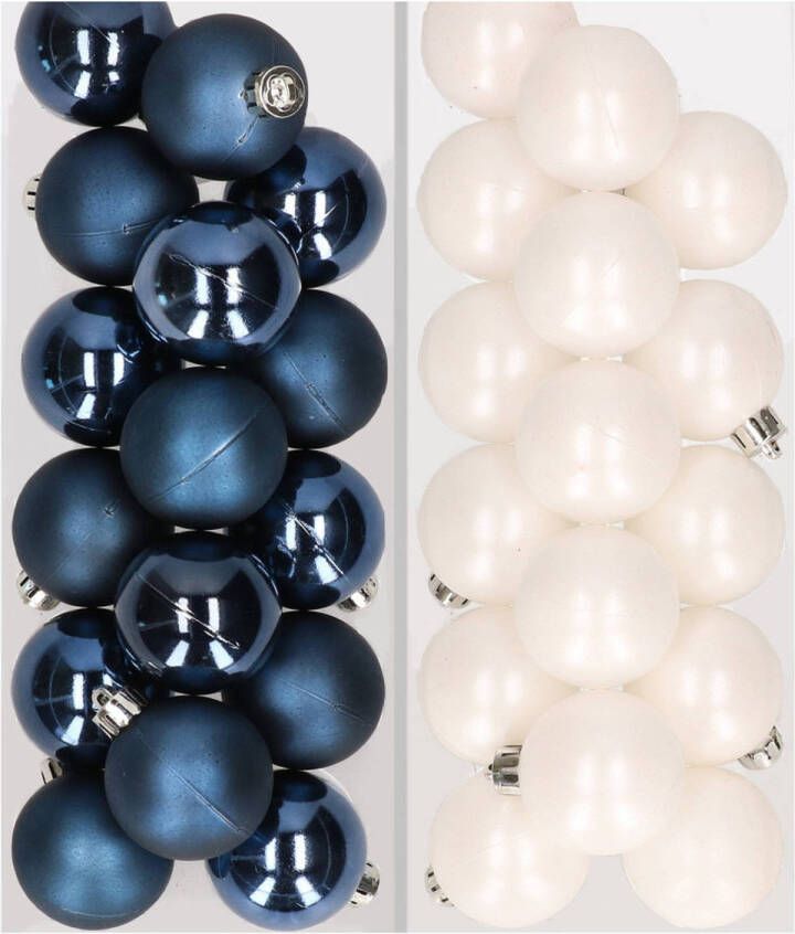 Decoris 32x stuks kunststof kerstballen mix van donkerblauw en wit 4 cm Kerstbal
