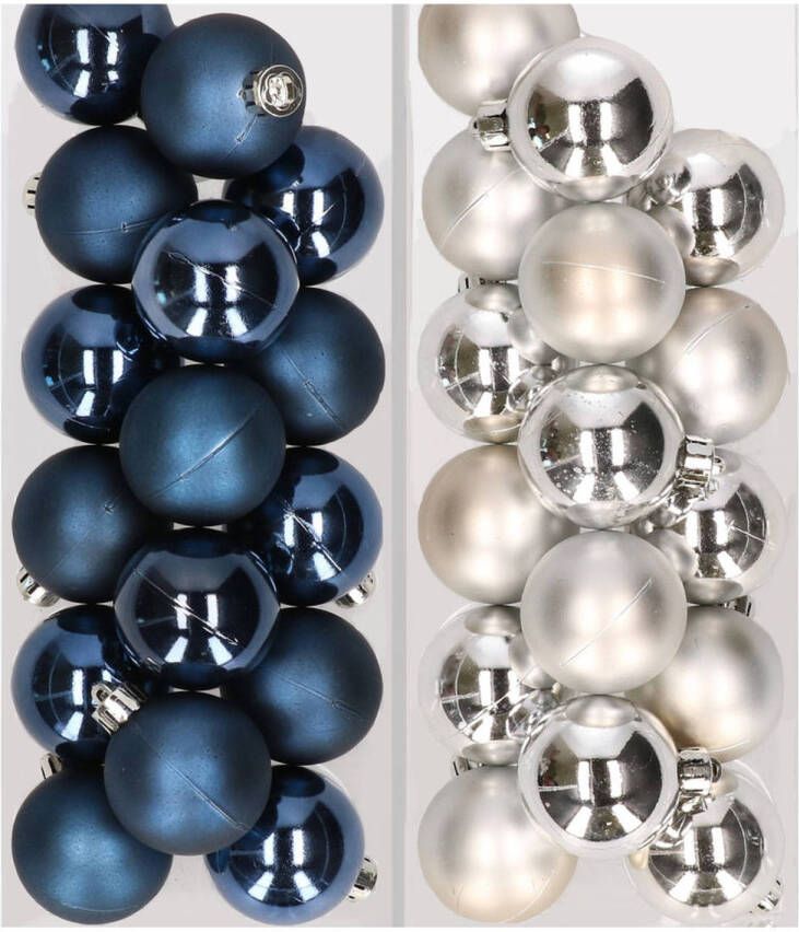 Decoris 32x stuks kunststof kerstballen mix van donkerblauw en zilver 4 cm Kerstbal