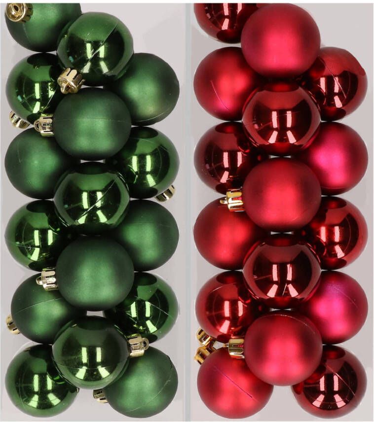 Decoris 32x stuks kunststof kerstballen mix van donkergroen en donkerrood 4 cm Kerstbal