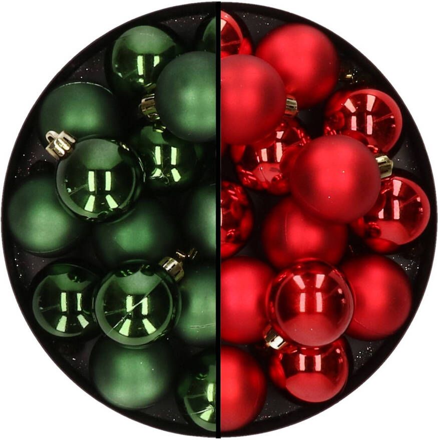 Decoris 32x stuks kunststof kerstballen mix van donkergroen en rood 4 cm Kerstbal
