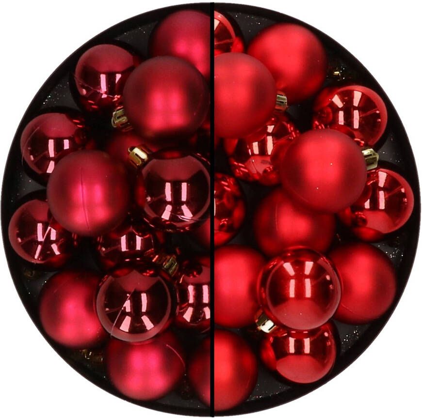Decoris 32x stuks kunststof kerstballen mix van donkerrood en rood 4 cm Kerstbal