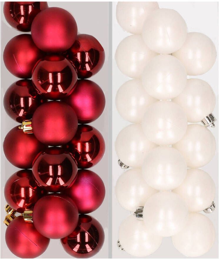 Decoris 32x stuks kunststof kerstballen mix van donkerrood en wit 4 cm Kerstbal