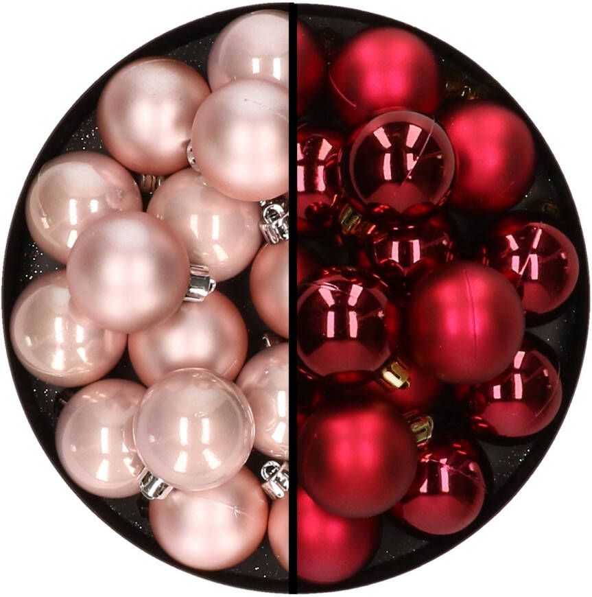 Decoris 32x stuks kunststof kerstballen mix van lichtroze en donkerrood 4 cm Kerstbal