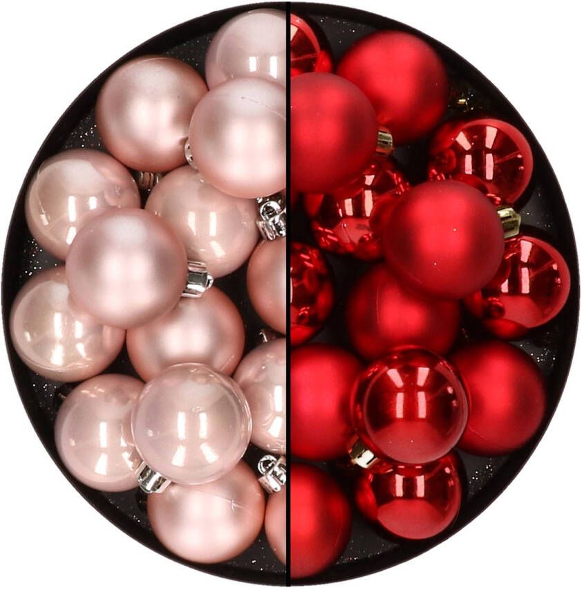 Decoris 32x stuks kunststof kerstballen mix van lichtroze en rood 4 cm Kerstbal