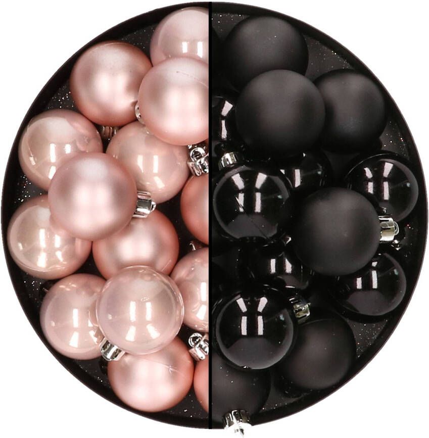 Decoris 32x stuks kunststof kerstballen mix van lichtroze en zwart 4 cm Kerstbal
