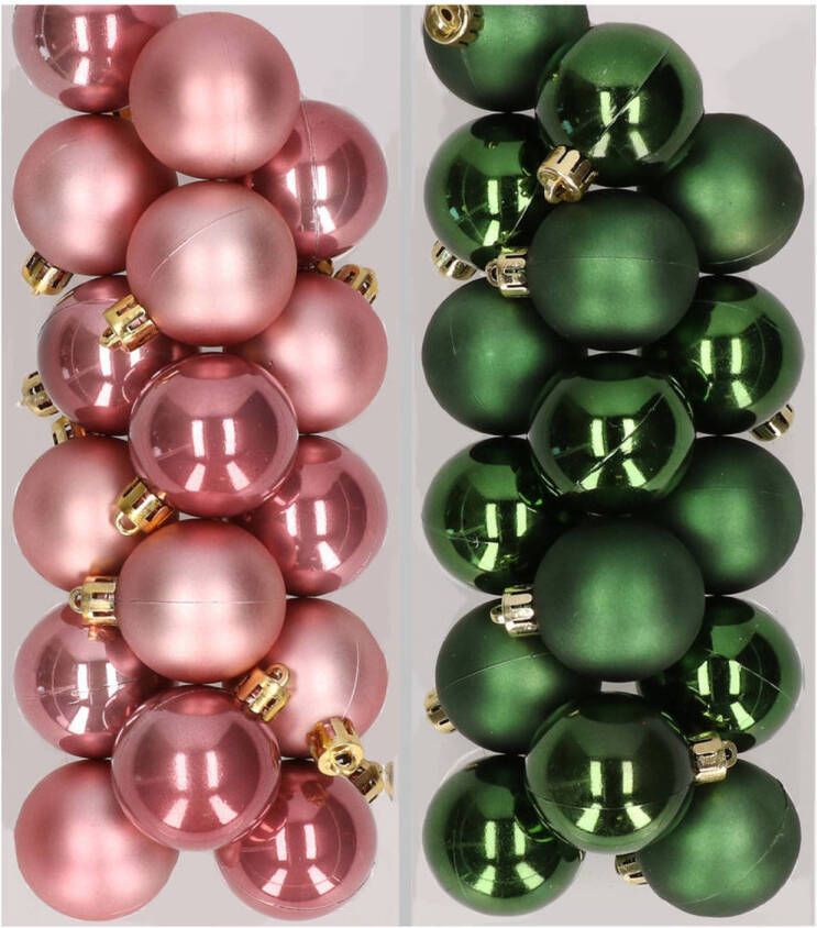 Decoris 32x stuks kunststof kerstballen mix van oudroze en donkergroen 4 cm Kerstbal