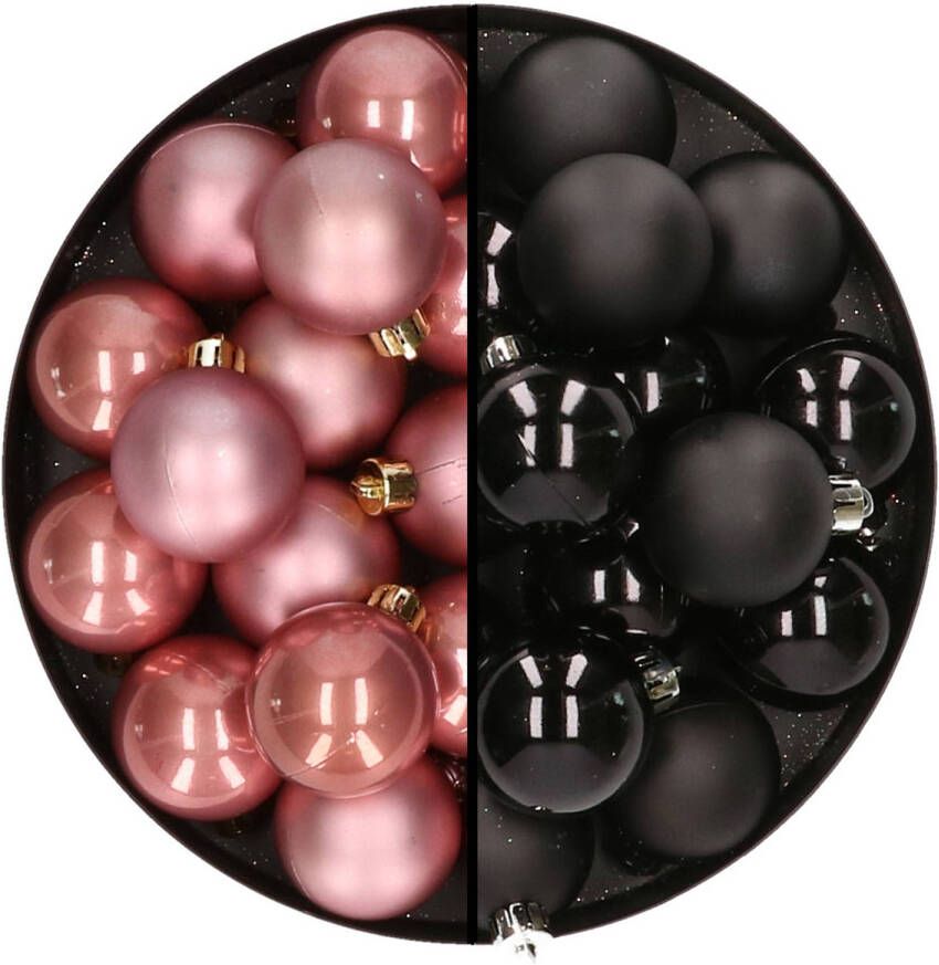 Decoris 32x stuks kunststof kerstballen mix van oudroze en zwart 4 cm Kerstbal