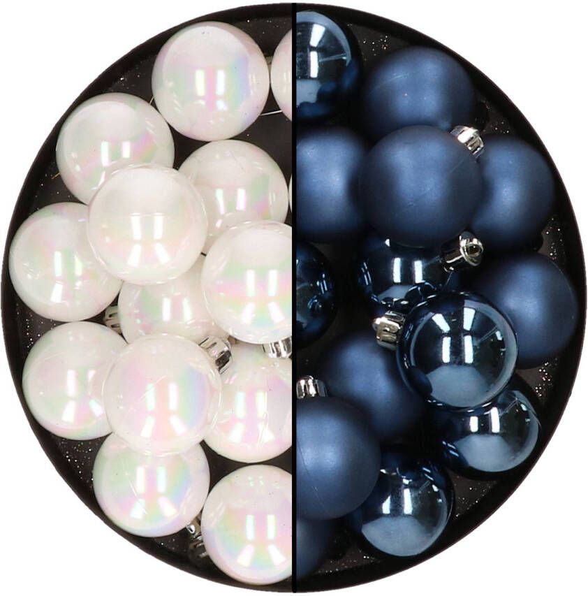 Decoris 32x stuks kunststof kerstballen mix van parelmoer wit en donkerblauw 4 cm Kerstbal