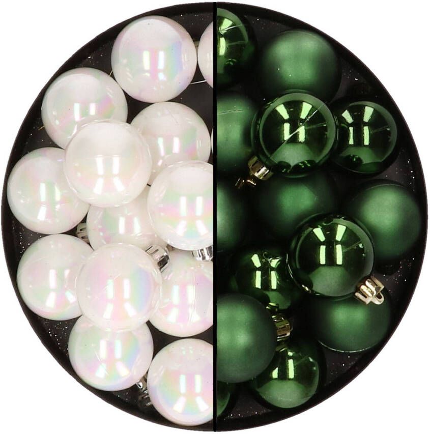 Decoris 32x stuks kunststof kerstballen mix van parelmoer wit en donkergroen 4 cm Kerstbal