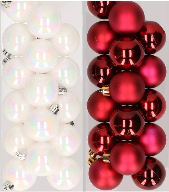 Decoris 32x stuks kunststof kerstballen mix van parelmoer wit en donkerrood 4 cm Kerstbal