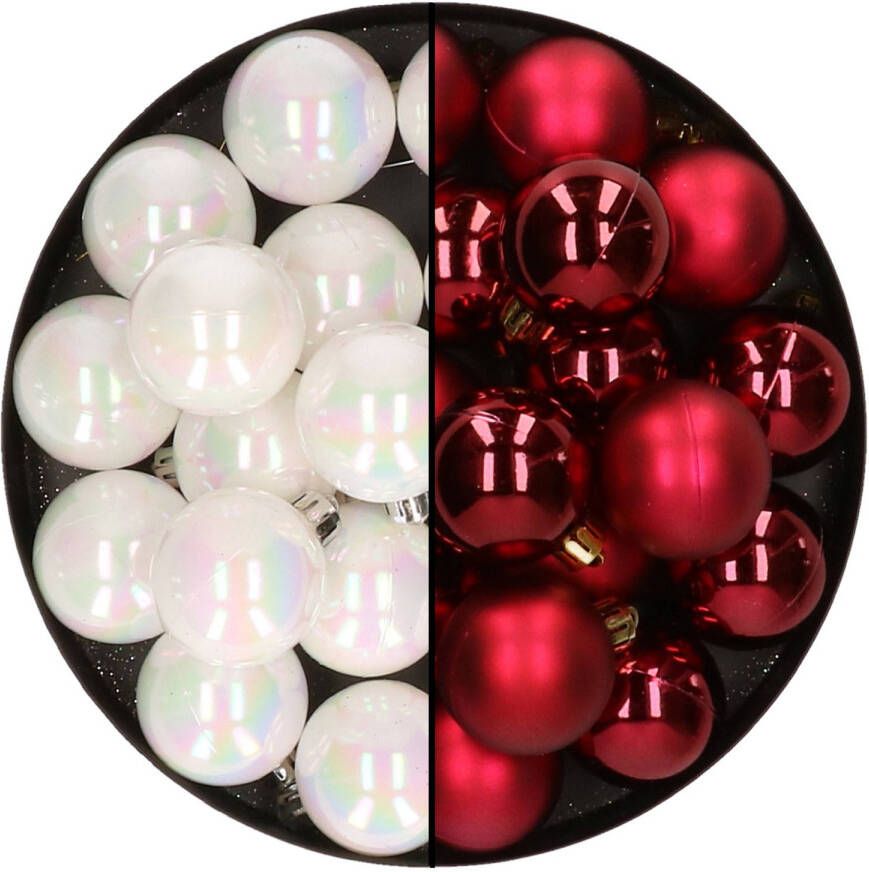 Decoris 32x stuks kunststof kerstballen mix van parelmoer wit en donkerrood 4 cm Kerstbal