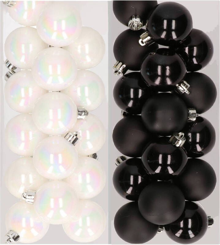 Decoris 32x stuks kunststof kerstballen mix van parelmoer wit en zwart 4 cm Kerstbal