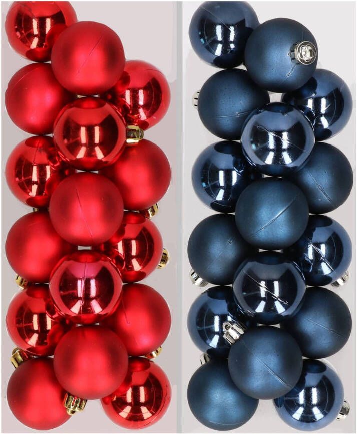 Decoris 32x stuks kunststof kerstballen mix van rood en donkerblauw 4 cm Kerstbal