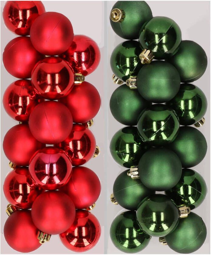Decoris 32x stuks kunststof kerstballen mix van rood en donkergroen 4 cm Kerstbal