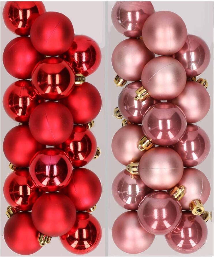 Decoris 32x stuks kunststof kerstballen mix van rood en oudroze 4 cm Kerstbal
