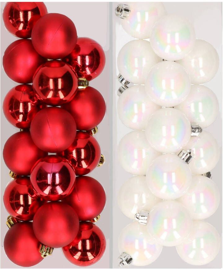 Decoris 32x stuks kunststof kerstballen mix van rood en parelmoer wit 4 cm Kerstbal